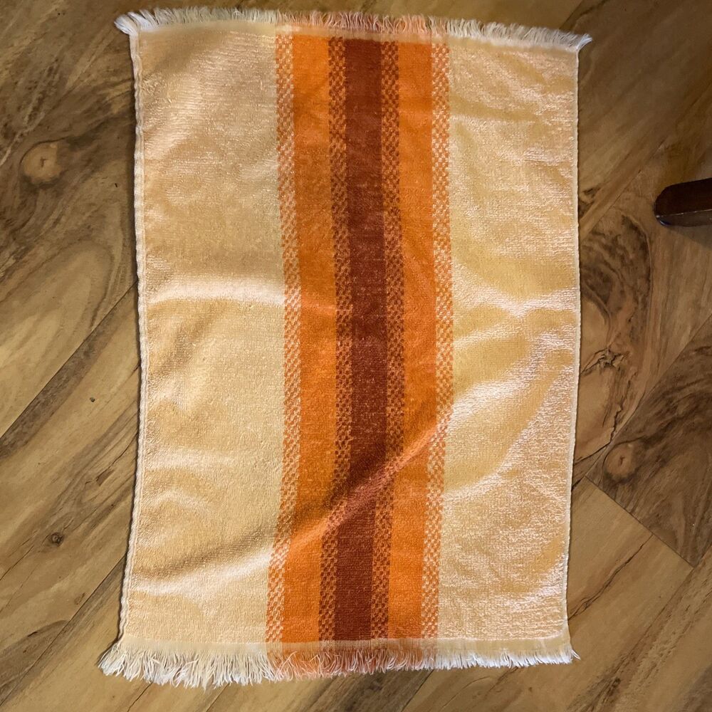 Vintage Vibrant Striped Hand Towel Orange & Peach Fringe 15.5”x22 70’s
